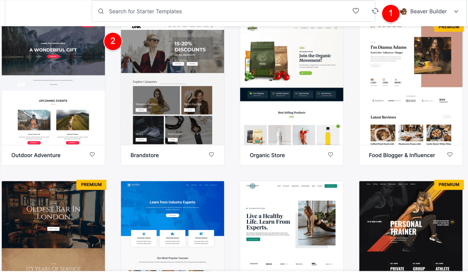 Astra Starter Sites - showcase of the available templates
