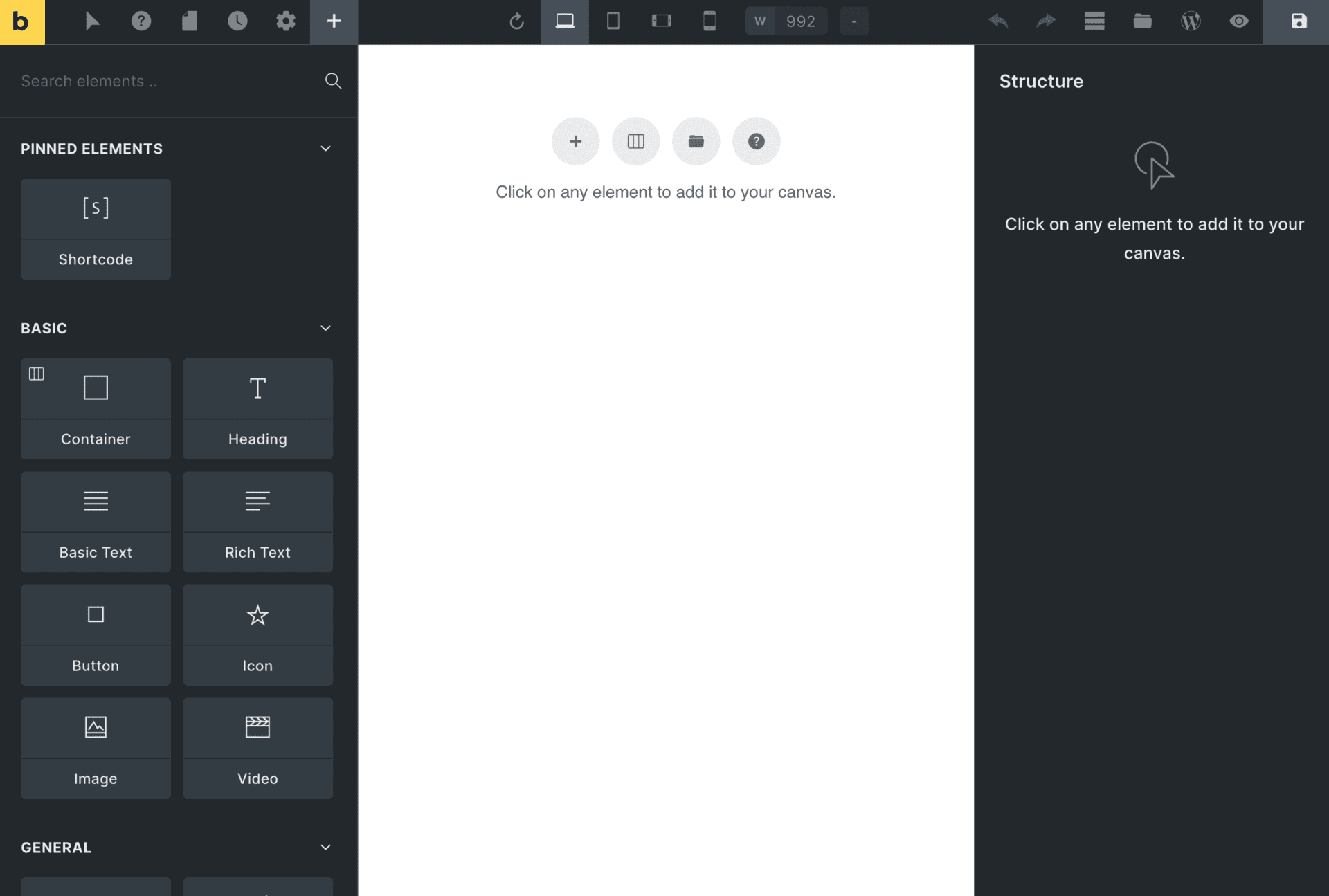 bricks builder - editor editing mode no header no footer